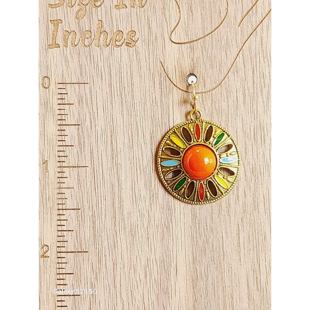 Gold Tone‎ Multi Color Enamel Sunburst Boho Drop Earrings Orange Cabochon Round